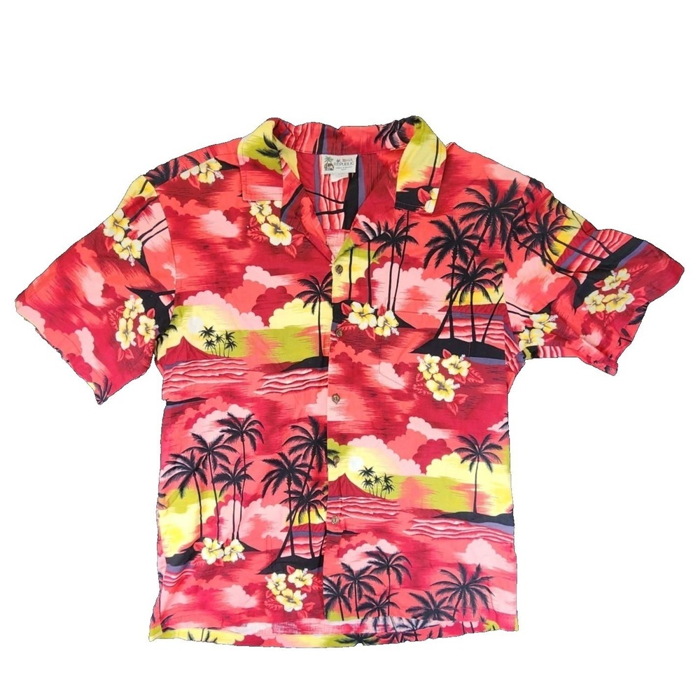 Aloha Republic Button Down‎ Mens XL Red Tropical Sunset Palm Tree Hawaiian Shirt